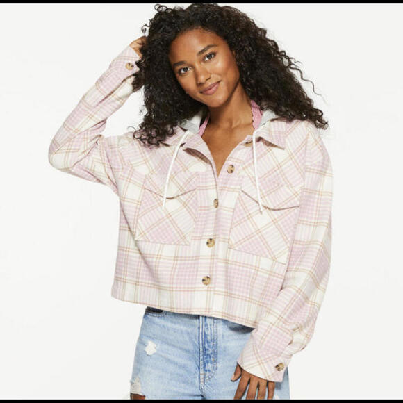 AEROPOSTALE pink cream plaid flannel jacket - Picture 1 of 5